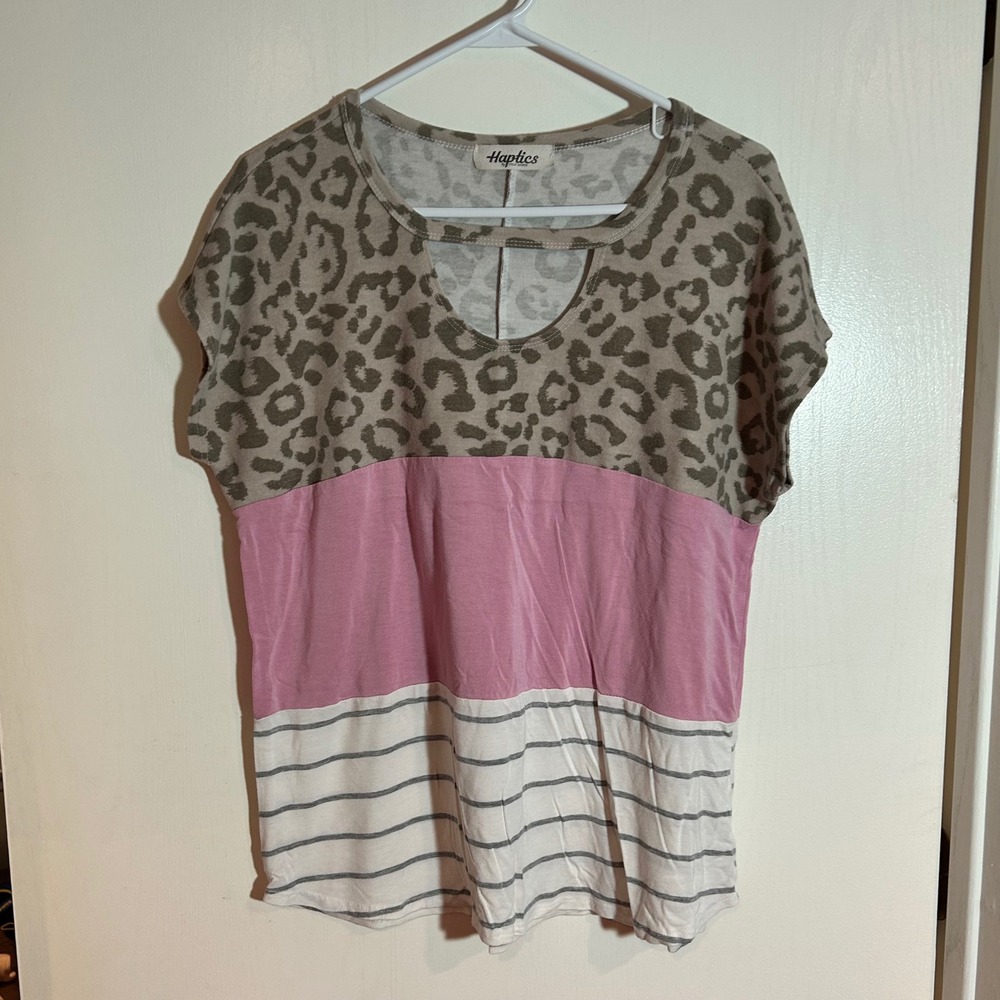 Haptics Color‎ Block Top Animal Print Pink Striped T-Shirt Womens